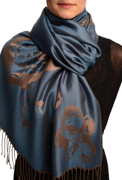 Roses On Yale Blue Pashmina Feel With Tassels