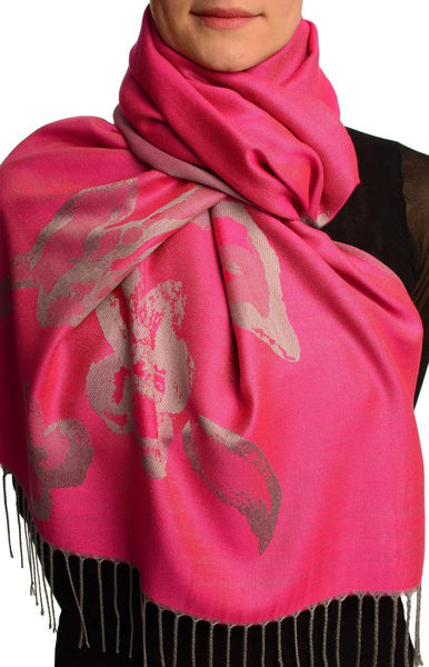 Roses On Fuchsia Pink Pashmina Feel With Tassels