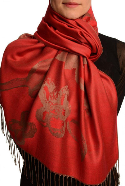 Roses On Red Pashmina Feel With Tassels
