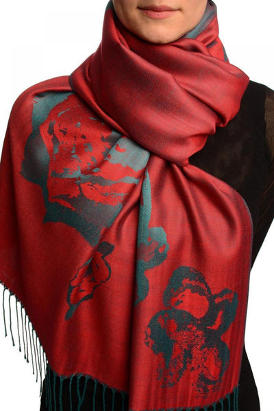 Roses On Dark Red Pashmina Feel With Tassels