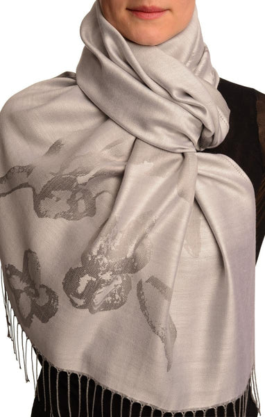 Roses On Silver Grey Pashmina Feel With Tassels
