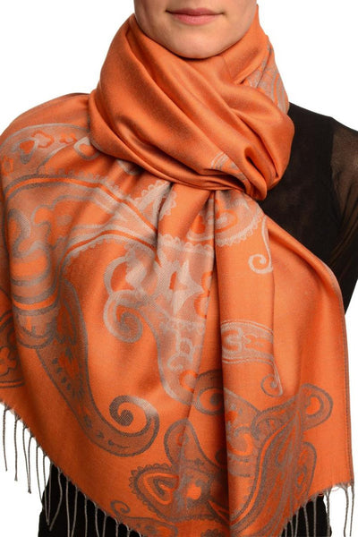 Joined Paisleys On Terracotta Pashmina Feel With Tassels