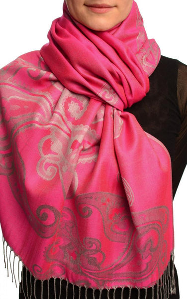 Joined Paisleys On Fuchsia Pink Pashmina Feel With Tassels