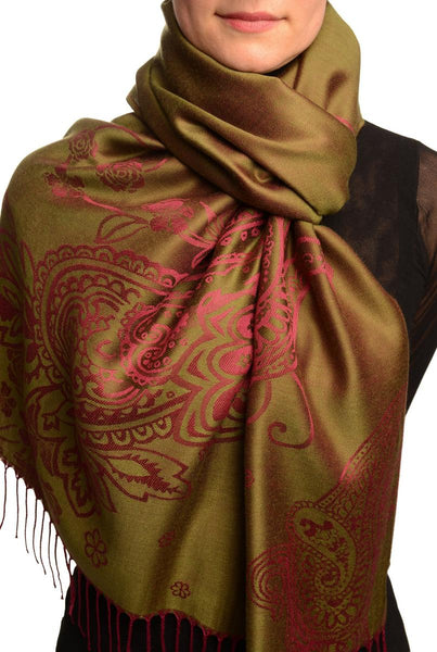 Paisley & Roses On Olive Green Pashmina Feel With Tassels