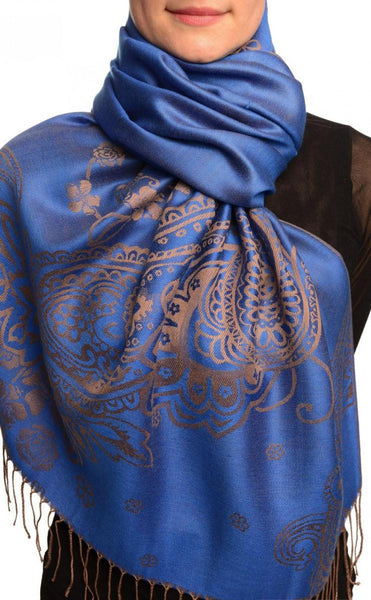 Paisley & Roses On Persian Blue Pashmina Feel With Tassels