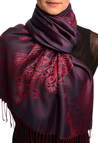 Paisley & Roses On Dark Purple Pashmina Feel With Tassels