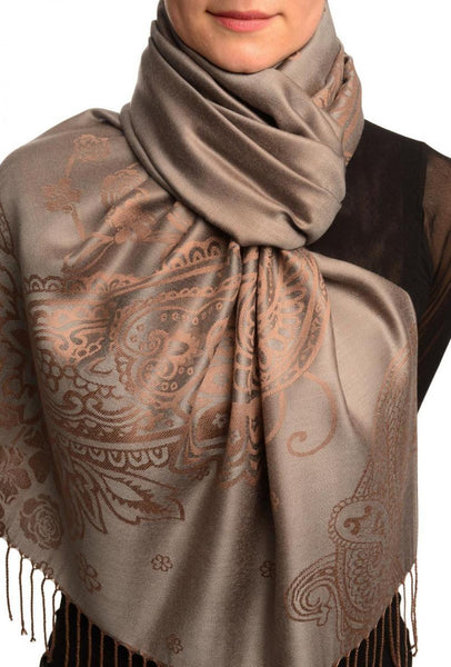 Paisley & Roses On Dark Grey Pashmina Feel With Tassels