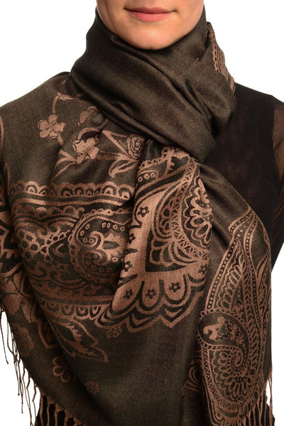 Paisley & Roses On Black Pashmina Feel With Tassels