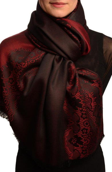 Dark Red Woven Lace On Black Pashmina Feel