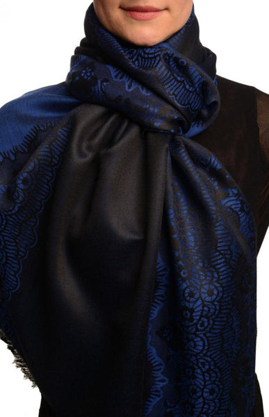 Dark Blue Woven Lace On Black Pashmina Feel