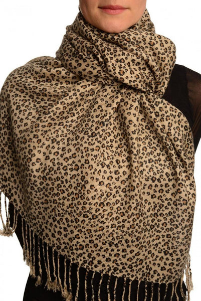 Small Black Leopard On Cappuccino Pashmina Feel With Tassels