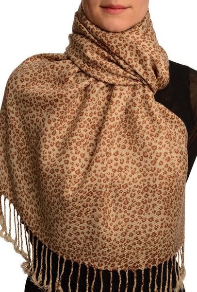 Small Brown Leopard On Cappuccino Pashmina Feel With Tassels