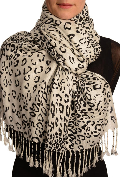 Black Diagonal Leopard On White Pashmina Feel With Tassels