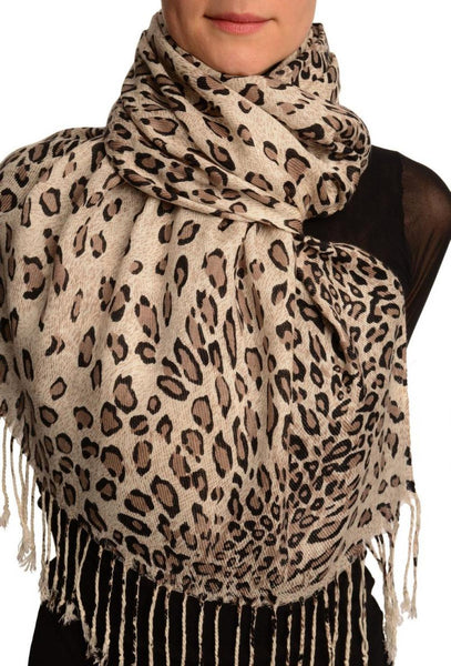 Cappuccino Diagonal Leopard On White Pashmina Feel With Tassels