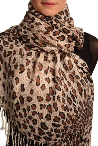 Brown Diagonal Leopard On White Pashmina Feel With Tassels