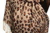 Brown Diagonal Leopard On White Pashmina Feel With Tassels