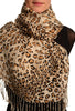 Mocha Diagonal Leopard On White Pashmina Feel With Tassels