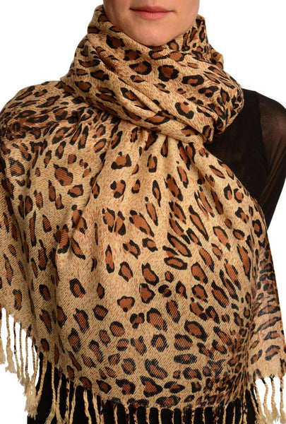 Brown Diagonal Leopard On Beige Pashmina Feel With Tassels