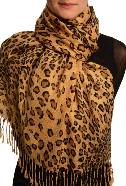 Brown Diagonal Leopard On Mocha Pashmina Feel With Tassels