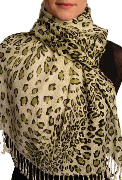 Green Diagonal Leopard On White Pashmina Feel With Tassels