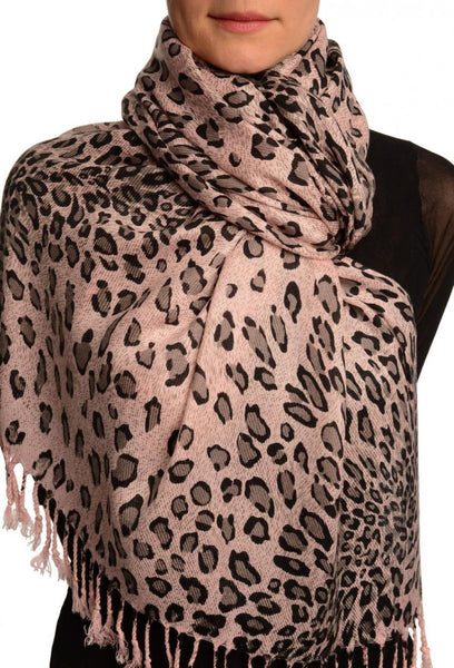 Grey Diagonal Leopard On Pink Pashmina Feel With Tassels