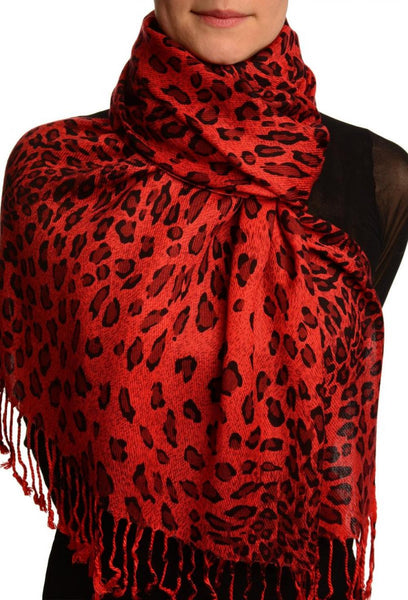 Burgundy Diagonal Leopard On Red Pashmina Feel With Tassels