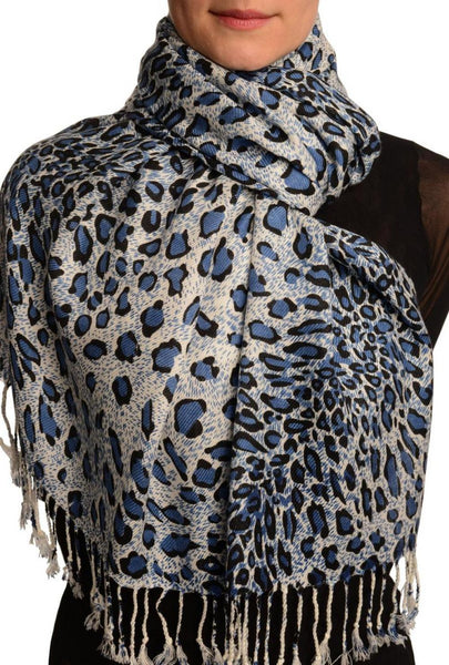 Blue Diagonal Leopard On White Pashmina Feel With Tassels