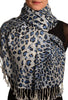 Blue Diagonal Leopard On White Pashmina Feel With Tassels