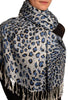 Blue Diagonal Leopard On White Pashmina Feel With Tassels