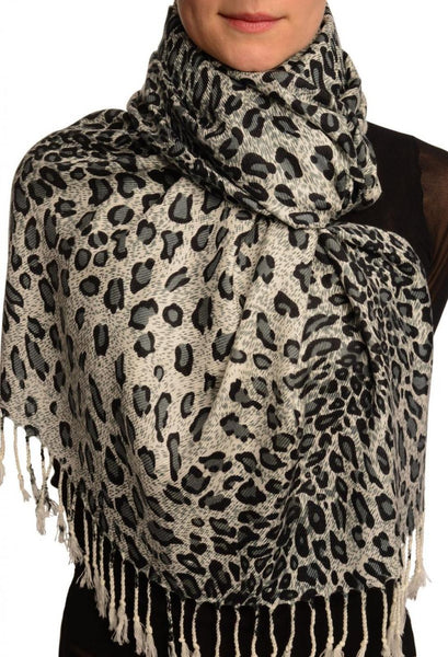 Grey Diagonal Leopard On White Pashmina Feel With Tassels