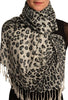 Grey Diagonal Leopard On White Pashmina Feel With Tassels