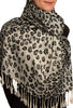 Grey Diagonal Leopard On White Pashmina Feel With Tassels