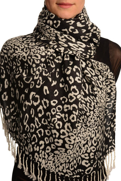 White Diagonal Leopard On Black Pashmina Feel With Tassels