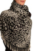 White Diagonal Leopard On Black Pashmina Feel With Tassels
