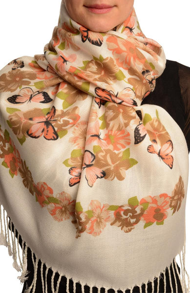 Orange Butterflies & Flowers On White Pashmina Feel With Tassels