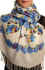 Blue Butterflies & Flowers On White Pashmina Feel With Tassels