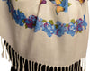 Blue Butterflies & Flowers On White Pashmina Feel With Tassels