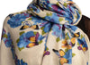 Blue Butterflies & Flowers On White Pashmina Feel With Tassels