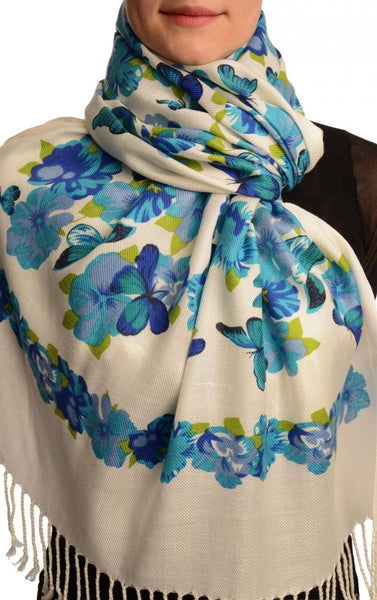 Dark Blue Butterflies & Flowers On White Pashmina Feel With Tassels