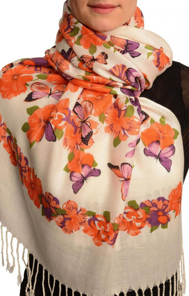 Bright Orange Butterflies & Flowers On White Pashmina Feel With Tassels