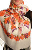 Bright Orange Butterflies & Flowers On White Pashmina Feel With Tassels