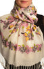 Yellow Butterflies & Flowers On White Pashmina Feel With Tassels