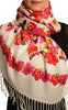 Red Butterflies & Flowers On White Pashmina Feel With Tassels
