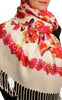 Red Butterflies & Flowers On White Pashmina Feel With Tassels