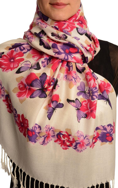 Purple Butterflies & Flowers On White Pashmina Feel With Tassels