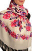 Purple Butterflies & Flowers On White Pashmina Feel With Tassels