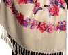 Purple Butterflies & Flowers On White Pashmina Feel With Tassels