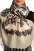 Grey Butterflies & Flowers On White Pashmina Feel With Tassels
