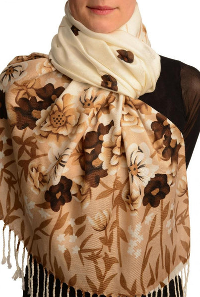 Mocha Spring Flowers On White Pashmina Feel With Tassels