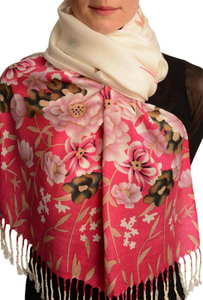 Pink Spring Flowers On White Pashmina Feel With Tassels